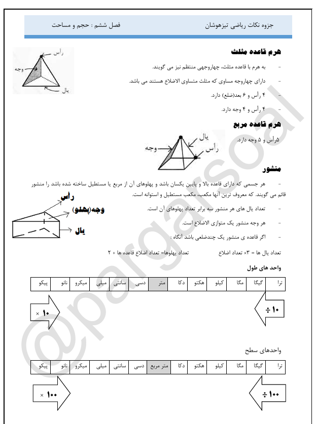 جلد جزوه ریاضی پنجم (فصل6- حجم و مساحت) تیزهوشان